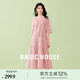 百家好（Basic House）Basic House/百家好不規則拼接下擺設計夏季新款泡泡袖連衣長(cháng)裙女 粉色 S