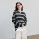 初語(yǔ)絲光羊毛寬松針織衫女2025秋季新款可露麗風(fēng)復古上衣 深咖藍條 M