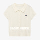 百家好（Basic House）夏季新款polo領短袖細麻花刺繡單排扣亞麻針織衫簡約潮流休閑女裝 白色 XL