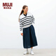 無(wú)印良品（MUJI）女式 水洗米蘭諾羅紋針織 開(kāi)領(lǐng)POLO衫毛衣長(zhǎng)袖針織衫 白色條紋 L(165/88A)