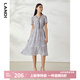 LANDIv領(lǐng)系帶印花連衣裙淺藍(lán)色短袖中長(zhǎng)裙子夏季女裝 淺藍(lán)色 M