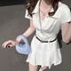 斤慕法式白色polo領(lǐng)襯衫連衣短裙女夏學(xué)院風(fēng)收腰a字顯瘦氣質(zhì)小白裙子 白色襯衫短裙+腰帶 M （建議95-110斤左右）