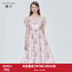 糖力【商場(chǎng)同款】夏新款短袖紗質(zhì)印花連衣裙女高腰中長(zhǎng)款裙子 粉色 S