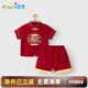 優(yōu)奇嬰兒夏季薄款短袖套裝紅色喜慶新中式滿月男童周歲禮服分體兩件套