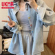 UKMR藍色條紋長袖襯衫女夏季上衣2025新款寬松設計感復古撞色外套襯衣 彩色紐扣條紋【棉質高品質】 M