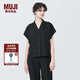 無印良品（MUJI）女式 易干彈力泡泡紗 開領短袖衫女士襯衫襯衣外套夏季款BC2JPA4S 黑色 L (165/88A)
