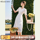 Olrain【七夕】歐芮兒白色刺繡連衣裙女夏季收腰法式V領(lǐng)泡泡袖a字大擺裙 米白色 S 155/80A