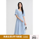 獨(dú)束大碼女裝氣質(zhì)簡約立體花連衣裙女夏裝新款收腰A字中長款裙子 柔和藍(lán) M (尺碼：1)