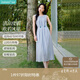 茵曼法式度假風(fēng)女裝串珠連衣裙2025春季新品小眾褶皺無(wú)袖裙子 藍(lán)色 M