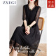 ZXEGI高檔重磅桑蠶絲100%連衣裙女夏季時尚黑色重工刺繡真絲裙子女 黑色 2XL （121-135斤）