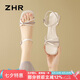 ZHR粗跟涼鞋女夏季一字帶方頭單涼鞋氣質(zhì)水鉆銀色女鞋 JF193 米白 38