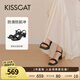 KISSCAT接吻貓【美洋同款】女鞋高跟涼鞋舒適簡(jiǎn)約方頭粗跟一字帶涼鞋 黑色 羊絨面 38