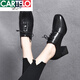 卡帝樂(lè )鱷魚(yú)（CARTELO）小皮鞋女高跟鞋頭層牛皮單鞋粗跟真皮方頭系帶中.跟深口漆皮亮皮 黑色頭層牛皮 36