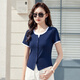谷卓詩(shī)假兩件正肩短袖T恤女2025夏季新款洋氣修身潮流上衣時(shí)尚休閑半袖 藏青色 3XL