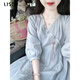 LISCN新中式國風(fēng)盤扣連衣裙女春夏季藍(lán)色v領(lǐng)小個子高級感長裙氣質(zhì)裙子 藍(lán)色連衣裙  M 95斤-110斤