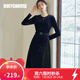 ROEYSHOUSE羅衣優(yōu)雅黑色絲絨連衣裙女冬裝新款系帶拼接a擺中長裙07516 黑色 XL