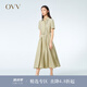 OVV2023春夏新款女裝抽褶收腰襯衫式版型休閑A字傘裙短袖連衣裙 卡其綠（凈色）07 XS