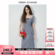VEGA CHANG藍白碎花連衣裙女2025新款夏法式方領蝴蝶結泡泡袖長裙 霧藍碎花 S
