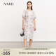 AMII2025夏新款圓領水墨印花壓褶連袖雪紡連衣裙女法式度假風裙子 米灰 XL 170/92A