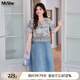 MsShe【復古國風(fēng)印花連衣裙】大碼女裝2025夏胖mm拼接蕾絲牛仔裙 牛仔淺藍色現貨 3XL