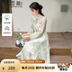 香影新中式綠色印花連衣裙女2025春季新款系帶圓領(lǐng)收腰長袖碎花裙 綠色 L