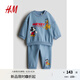 H&M童裝男嬰套裝2件式秋季印花長(cháng)袖長(cháng)褲1237446 灰藍色/米奇老鼠 90 90/52