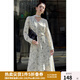 獨束大碼女裝飄帶裝飾壓褶印花連衣裙2024年秋季新款經(jīng)典V領(lǐng)長(cháng)裙 米底黑花 XL (尺碼：3)