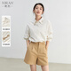 熙然2025春夏新款【字母刺繡】法式氣質(zhì)翻領(lǐng)寬松七分袖條紋襯衫上衣女 杏底咖條 S
