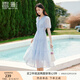香影天藍(lán)色v領(lǐng)泡泡袖連衣裙女2025夏裝新款收腰絕美海邊碎花裙子 藍(lán)色 M 160/84A/95-110斤