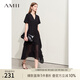AMII2025夏V領雪紡裙連衣裙女微透拼接不對稱裙子小黑裙12442208 黑色 165/88A/L