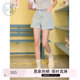 紫涵（ZIHAN）紫涵做舊卷邊刺繡牛仔短褲女2025年夏季新款松緊高腰藍(lán)色休閑熱褲 牛仔藍(lán) S