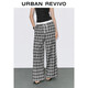 UR2025秋季新款女裝撞色格紋腰頭抽繩燙鉆闊腿褲UWJ650042