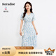 珂萊蒂爾夏季溫柔風(fēng)淑女茶歇復(fù)古碎花V領(lǐng)短袖連衣裙女花韻夢境 淡群青藍(lán) M