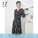 玖姿·安娜蔻收腰顯瘦連衣裙女裝夏款V領(lǐng)抽褶中長(cháng)款連衣裙 花黑 XL