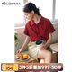 Olrain歐芮兒2025夏季新款紅色復(fù)古法式短袖襯衫寬松設(shè)計感女上衣 紅色 S