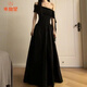 乖甜星法式氣質(zhì)一字肩連衣裙女2025年夏季新款掐腰顯瘦設計感黑色長(cháng)裙子 雅黑舞會(huì )禮服辣妹裙 S 建議【80-95斤】