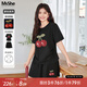 MsShe【重工刺繡巨顯瘦套裝】大碼女裝2025夏季胖mmT恤短褲兩件套 黑色現(xiàn)貨 3XL