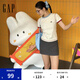 Gap女裝2025夏季新款刺繡logo撞色包邊坑條短袖T恤修身上衣766080 象牙白 S (160/80A) 亞洲尺碼