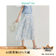 茵曼垂感花卉2025夏季女裝新款寬松大擺a字傘裙 湖水藍色花-半身裙 L