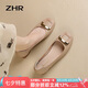 ZHR淺口單鞋女春秋粗跟通勤女鞋優(yōu)雅方扣真牛皮船鞋女 AH378 杏色 37