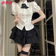 唐思薇套裝女學(xué)院風(fēng)日系JK制服女收腰顯瘦泡泡袖襯衫上衣高腰蓬蓬蛋糕裙 白襯衫+領(lǐng)結(jié)+蕾絲邊蓬蓬裙 (套裝 M 建議91-105斤