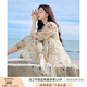 香影（xiangying）碎花連衣裙女2025年夏季新款系帶木耳邊仙氣海邊飄逸寬松裙子 米色 L