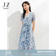 玖姿·安娜蔻氣質(zhì)輕熟風(fēng)V領(lǐng)碎花連衣裙女海邊中長款顯瘦印花裙子夏短袖茶歇裙 花天藍(lán) L