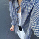 素織錦格子襯衫女外套2025春夏季慵懶感復(fù)古韓版通勤風(fēng)寬松休閑襯衣上衣 格紋長袖外套襯衫【藍(lán)色】 均碼