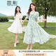 香影（xiangying）碎花v領(lǐng)連衣裙女夏2025新款印花高腰淑女綠色小清新桔梗裙子 綠色 S