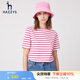 哈吉斯（HAZZYS）女裝 夏季款條紋顯瘦上衣休閑圓領短袖t恤女ASTSE03BE53 梅紅色RF M (160/84A 38)