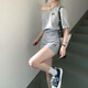 瑜尚臻品 韓系慵懶休閑運動套裝女夏季時尚短款斜肩短袖短裙小個子兩件套 灰色套裝【 S 】