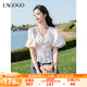 lagogo鉆石領(lǐng)碎花雪紡衫女拉谷谷2025夏新款淑女泡泡袖修身上衣 混色 S