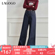lagogo復古港風(fēng)牛仔褲女拉谷谷2024年冬季新款寬松拖地闊腿褲子 深牛仔藍 M