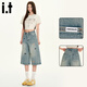:CHOCOOLATE it藍色休閑寬松牛仔褲女2025夏季新款刺繡闊腿七分褲 藍色  S